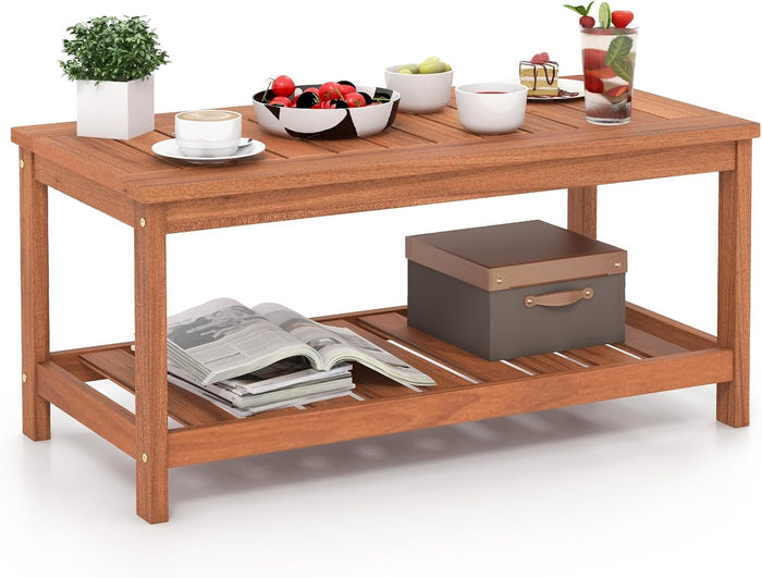 GIANTEX Hardwood Patio Coffee Table - 2-Tier Wooden Coffee Table with Slatted Tabletop & Storage Shelf, Outdoor Rectangular Center Table for Backyard, Garden, Poolside, Balcony & Indoor, Walnut