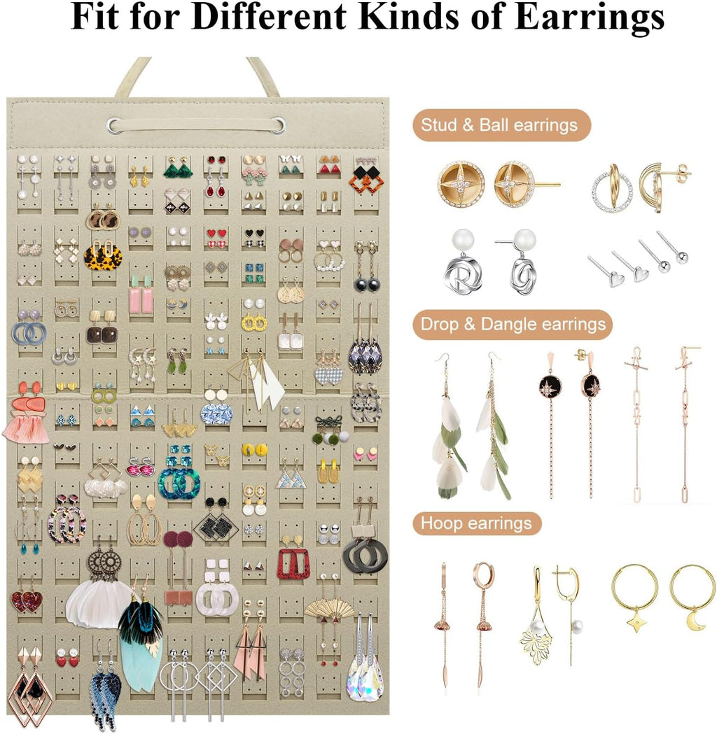 Earrings Organizer, Hanging Earring Holder Holds Up to 300 Pairs, Stud Earring Organizer Large Capacity Storage Earring Hanger, Earring Display Holder Brooch Pin Organizer for Women Girls-Beige