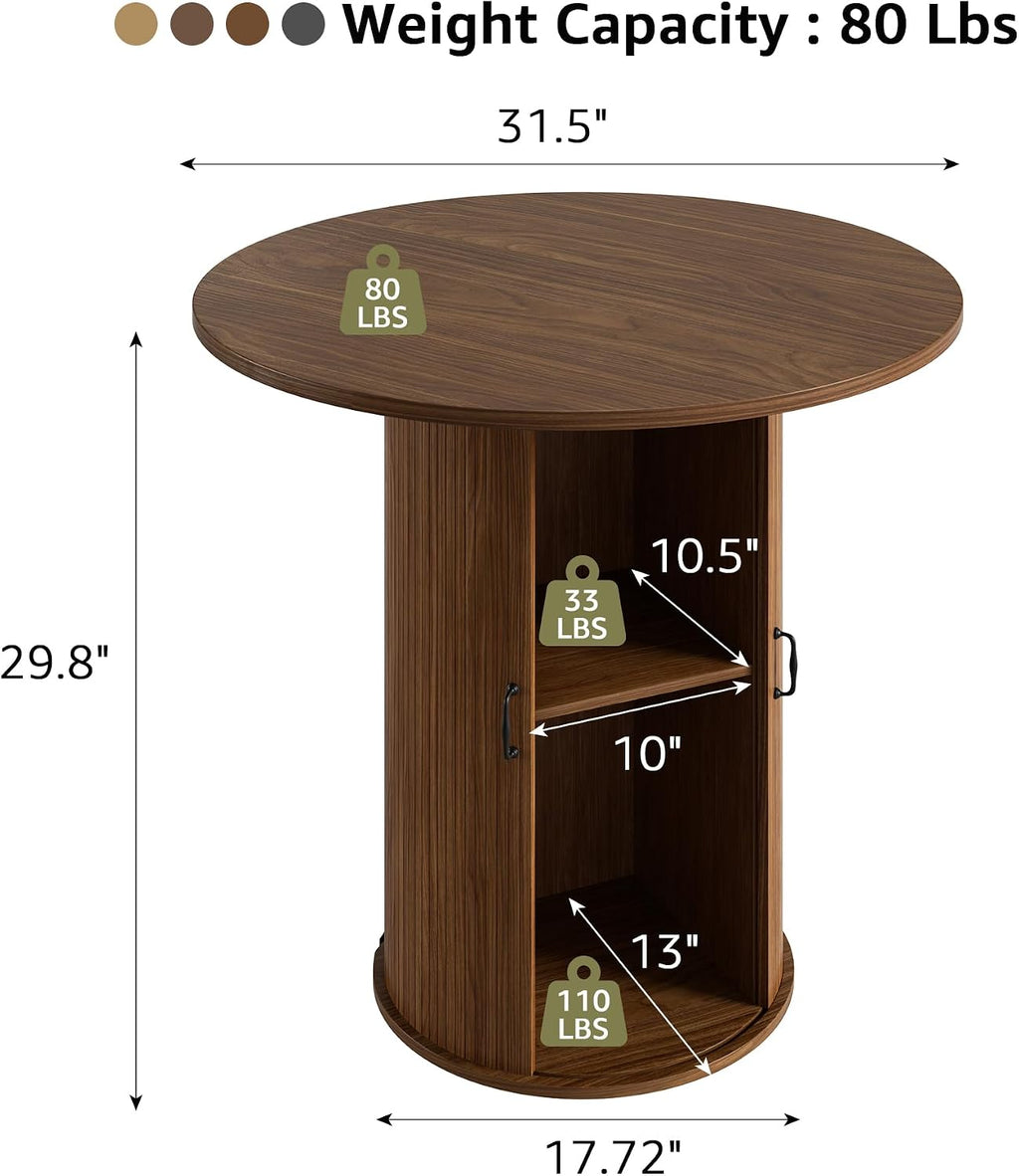 31.5 inch Round Dining Table for 2, Small Dinner Table with 2-Layer Storage Shelf, Morden Circle Kitchen Table with Wood Strip Base and Slide Door for Home Dining Room, Living Room, Walnut