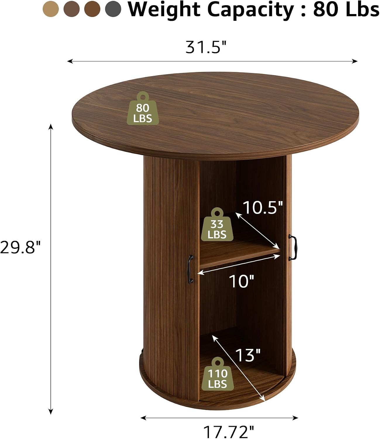 31.5 inch Round Dining Table for 2, Small Dinner Table with 2-Layer Storage Shelf, Morden Circle Kitchen Table with Wood Strip Base and Slide Door for Home Dining Room, Living Room, Walnut