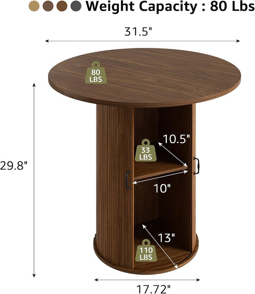 31.5 inch Round Dining Table for 2, Small Dinner Table with 2-Layer Storage Shelf, Morden Circle Kitchen Table with Wood Strip Base and Slide Door for Home Dining Room, Living Room, Walnut