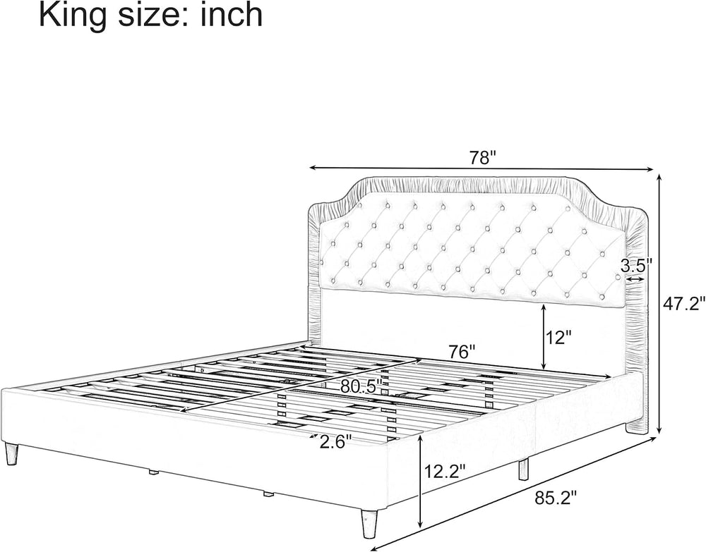 King Size Upholstered Bed with Ruched and Button Tufted Headboard, No Box Spr...