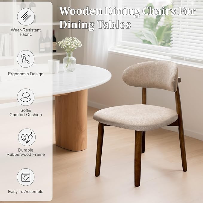 Farmhouse Dining Chairs Set of 2, Mid Century Modern Fabric Upholstered Kitchen Chairs, Wooden Dining Room Chair with Curved Back for Kitchen Dining Room Restaurant Cafe, Light Camel(Only Chairs)