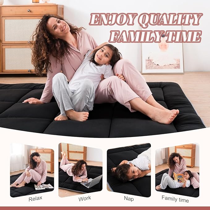 WhatsBedding Japanese Floor Mattress Futon Mattress 3" Black Tatami Mat Shredded Memory Foam Filled Sleeping Pad, Foldable & Portable Roll Up Lounger Camping Bed for Kids and Adult,Full Size 54"x 80"