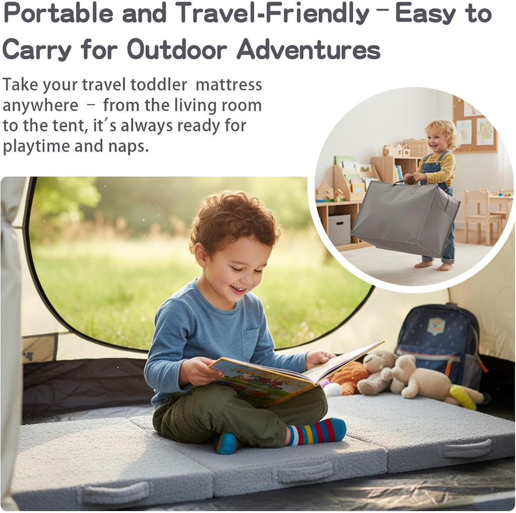 Tiita Foldable Floor Mattress for Kids -Daycare Sleeping Plush Futon or Floor Mat with Storage Bag, Toddler Floor Nap Mat, Portable Toddler Travel Mattress for Camping & Guest Use, Playroom, Grey