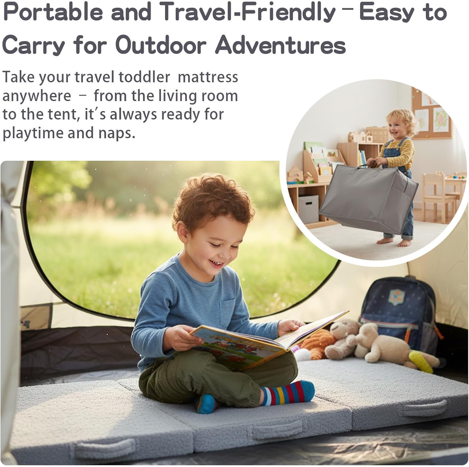 Tiita Foldable Floor Mattress for Kids -Daycare Sleeping Plush Futon or Floor Mat with Storage Bag, Toddler Floor Nap Mat, Portable Toddler Travel Mattress for Camping & Guest Use, Playroom, Grey