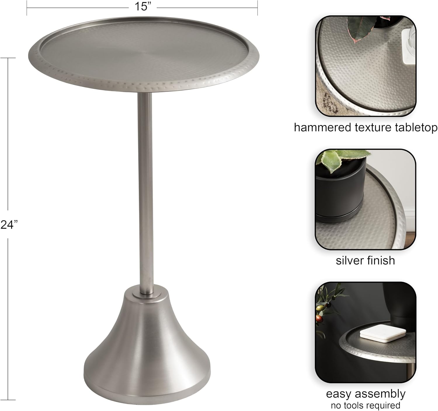 Kate and Laurel Sanzo Modern Pedestal Side Table, 15 x 15 x 24, Antique Silver, Decorative End Table with Hammered Tabletop for Use as a Bedroom Nightstand or Living Room Accent Table
