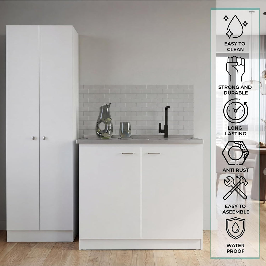 Tuhome Tall Storage Cabinet with 5 Adjustable Shelves, Two Large Doors and Kitchen Utility Sink Set with Stainless Steel Countertop Included