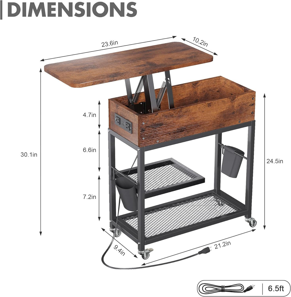 Colima Lift-Top Side Table with Charging Station - Mobile End Table with USB ...