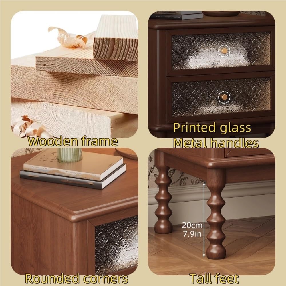 Vintage Wooden Nightstand Antique Bedside Table with 2 Floral Glass Drawers M...