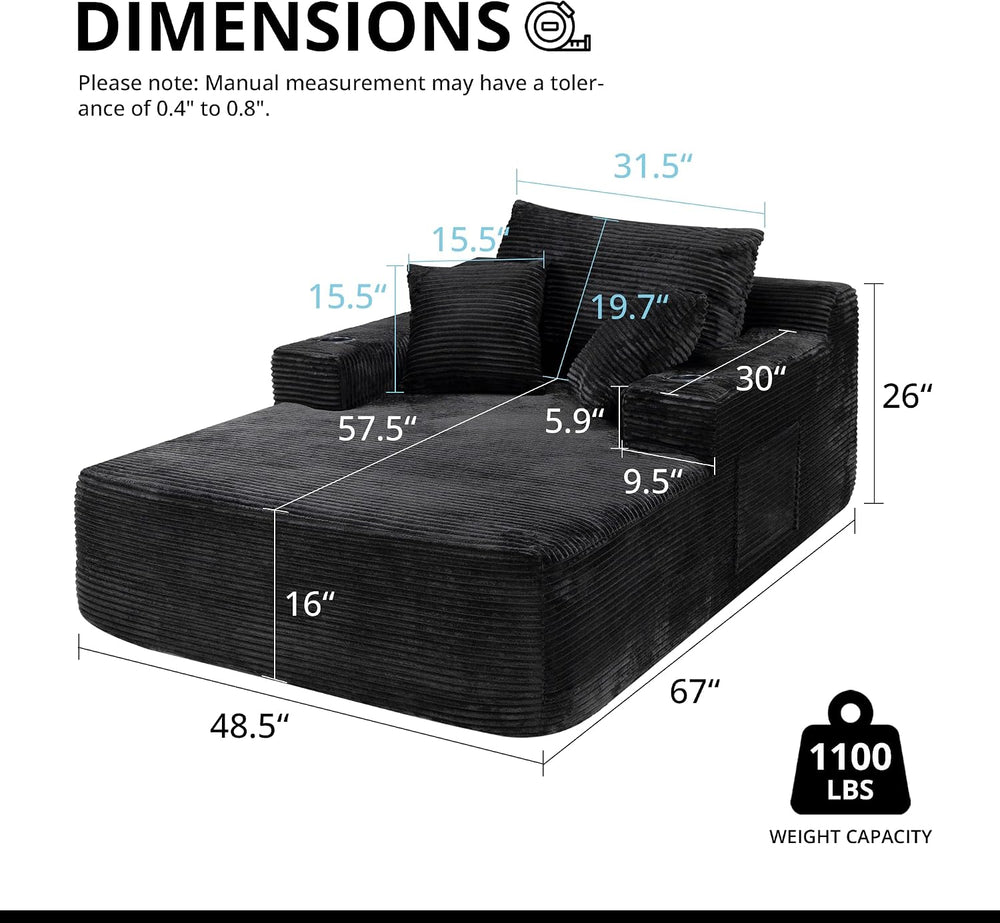 Chaise Lounge Chair Indoor, 67" Oversized Sofa Bed with Pillows No Assem...