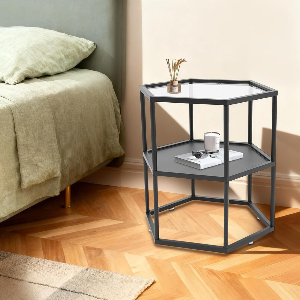 Side Table, Modern Coffee Tables with 2-Tier Storage with Metal Frame, Hexago...