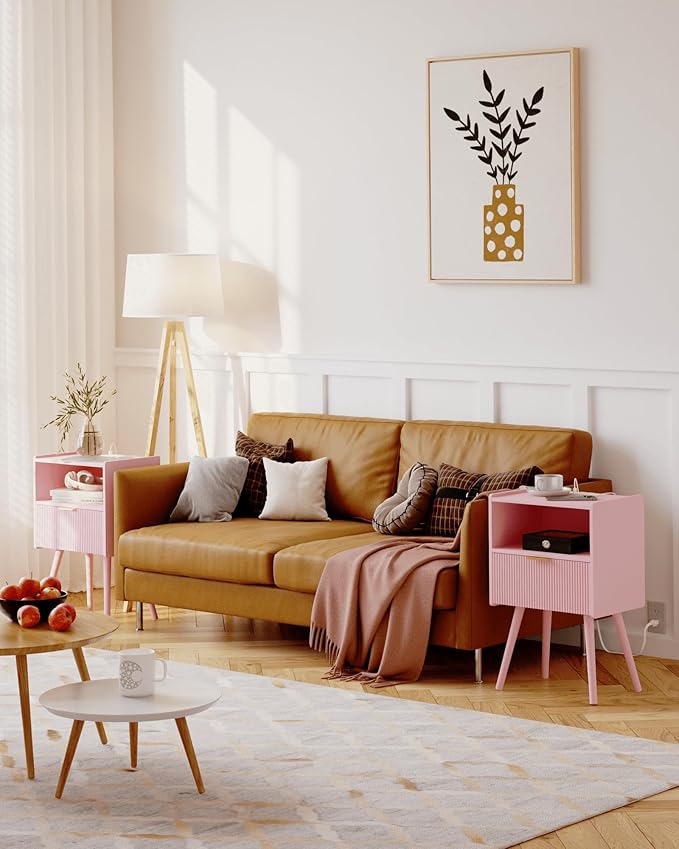 Nightstand with Oultlet,Modern Bedside Table with Storage Drawer and Open Woo...