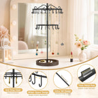 MODOWEY Rotating Necklace Holder Stand Organizer, 2 Tier Adjustable Extra Tall Metal Display Tree with Wooden Tray, 42 Hooks Pendant Hanger for Women Men, Stylish and Secure Jewelry Rack, Black