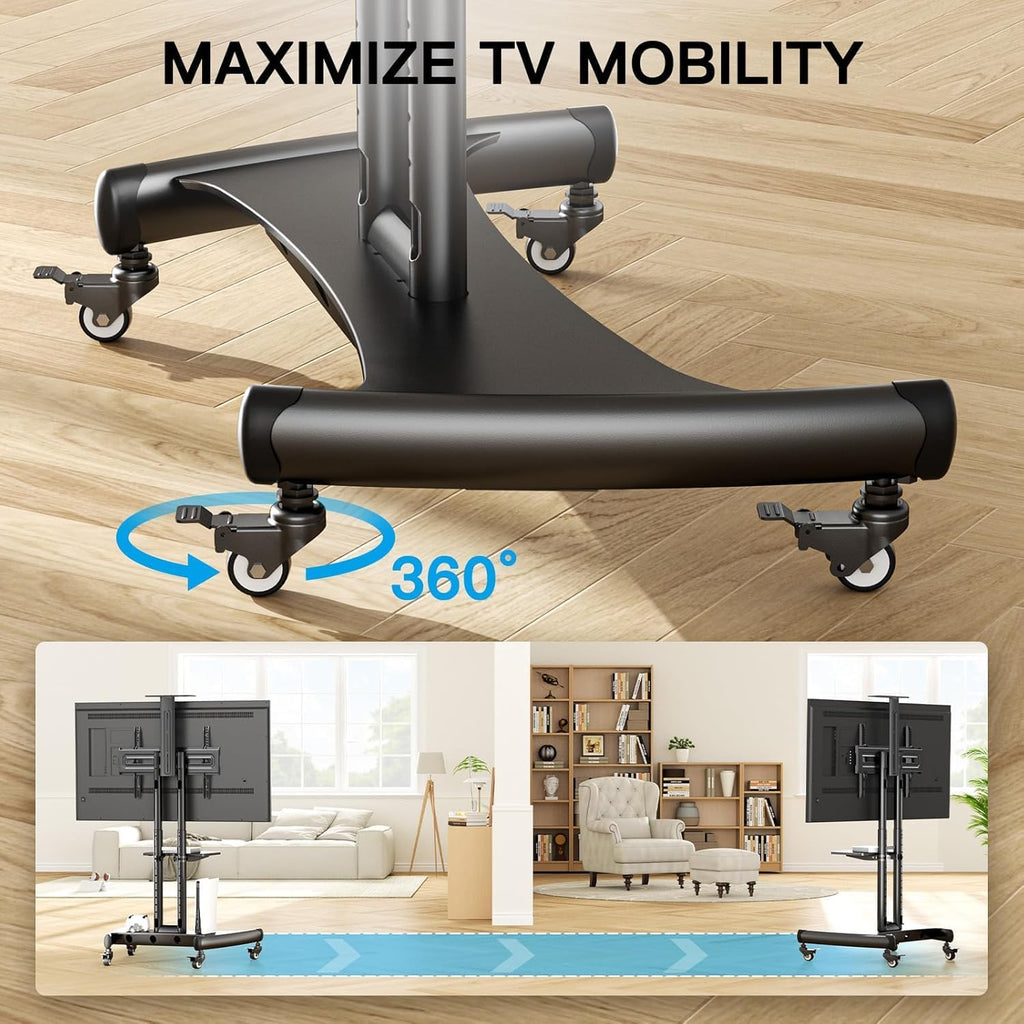 PERLESMITH Rolling TV Stand with Wheels for 32-85 Inch LCD LED 4K Flat Screen TVs, Tilt Mobile TV Cart with Shelf Holds Up to 100 lbs, Height Adjustable Floor TV Stand Max VESA 600x400mm- PSTVMC05