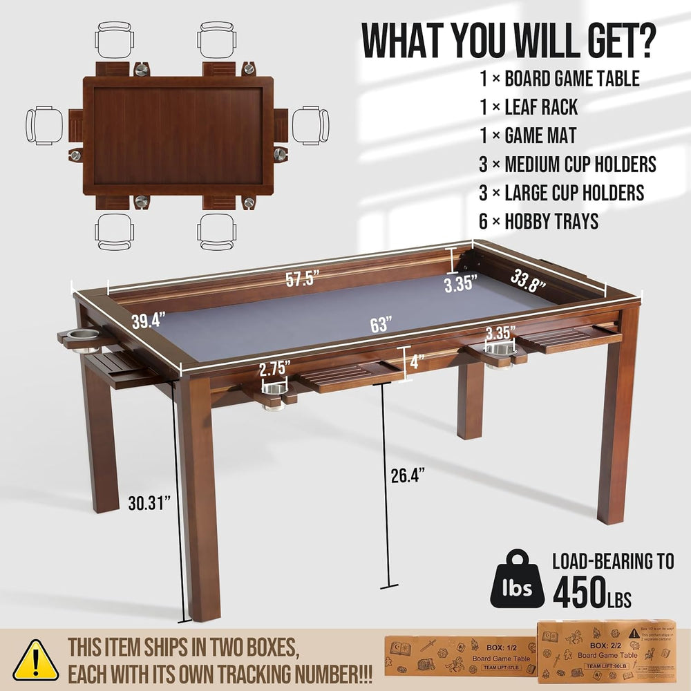 63" Solid Wood Board Game Table for Gaming/Dining, Removable Top | Gamin...