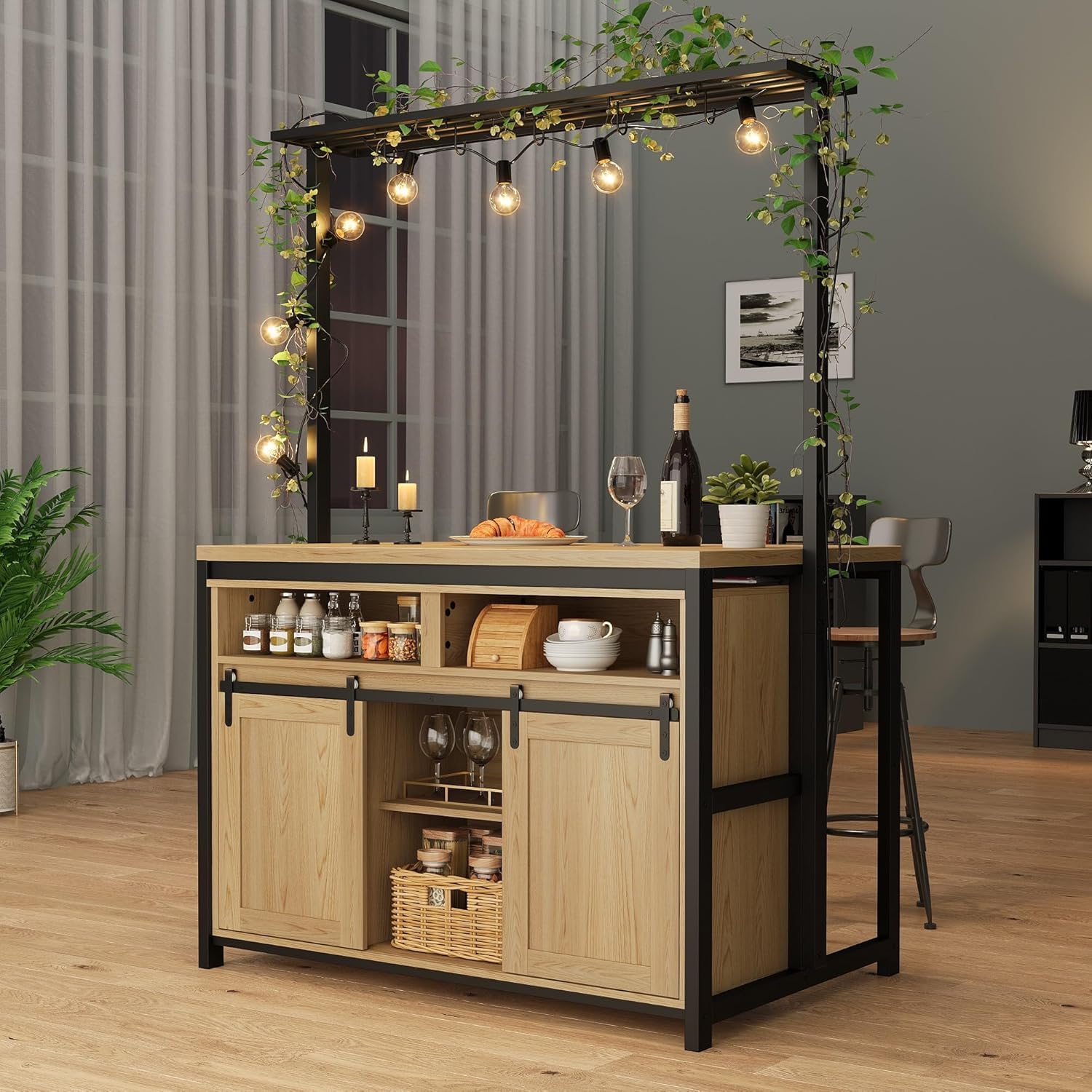 Wooden Island Table for Kitchen with Sliding Barn Door, Heavy Duty Large Coffee Bar Table with 4 Hook, Multi-Functional Bakers Rack, Storage Shelf for Kitchen Dining Room Living Room