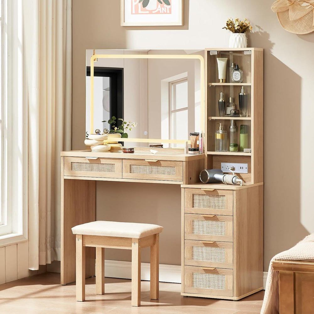 LEYAOYAO Rattan Makeup Vanity Desk with Stool, Mirror and Lights | Power Outl...
