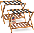 Set of 2 Premium Solid Teak Wood Luggage Racks with Shelf, 25" Foldable Suitcase Stands for Hotel, Airbnb & Resort | Heavy-Duty Hardwood Build, Holds 176 lbs Each, Reinforced Woven Straps