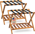 Set of 2 Premium Solid Teak Wood Luggage Racks with Shelf, 25" Foldable Suitcase Stands for Hotel, Airbnb & Resort | Heavy-Duty Hardwood Build, Holds 176 lbs Each, Reinforced Woven Straps