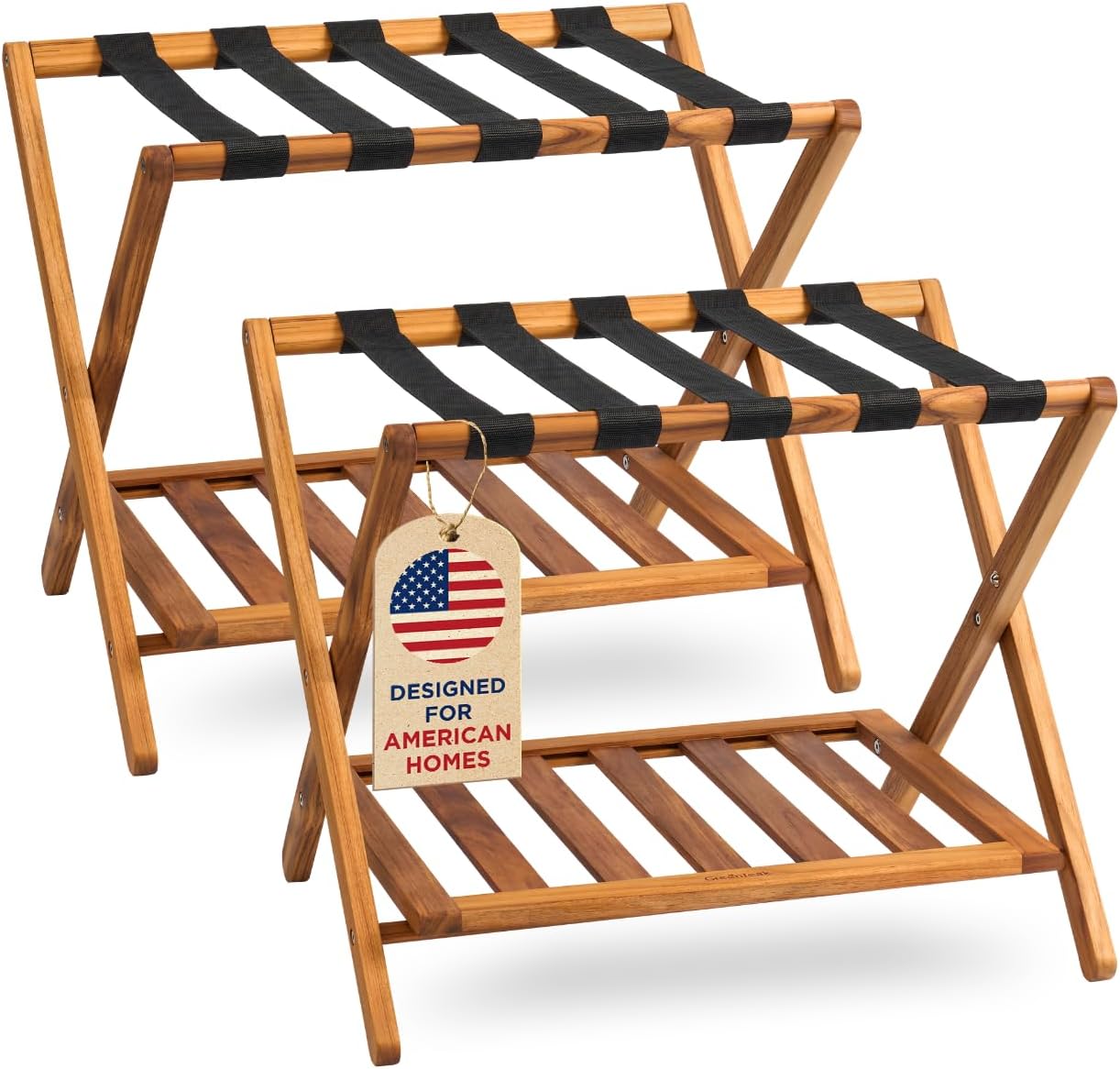 Set of 2 Premium Solid Teak Wood Luggage Racks with Shelf, 25" Foldable Suitcase Stands for Hotel, Airbnb & Resort | Heavy-Duty Hardwood Build, Holds 176 lbs Each, Reinforced Woven Straps