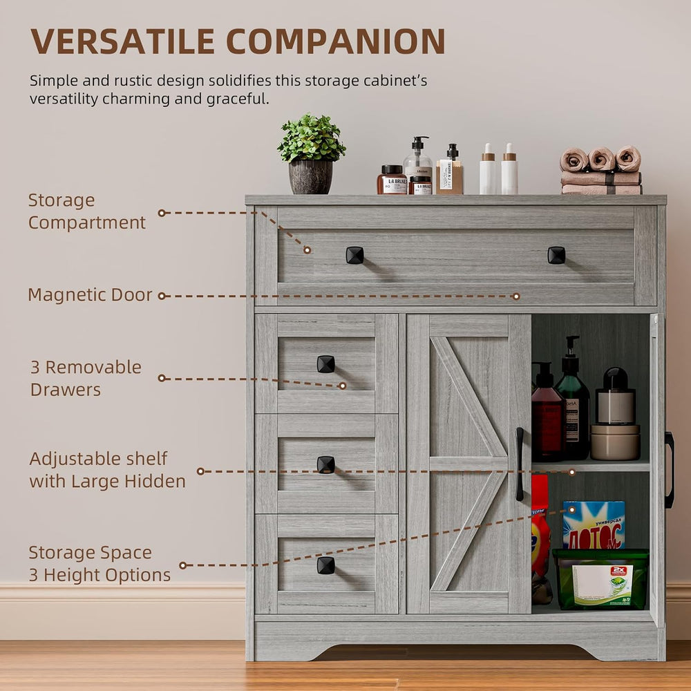 Vabches Farmhouse Storage Cabinet with 2 Doors and 4 Drawers, Wash Grey