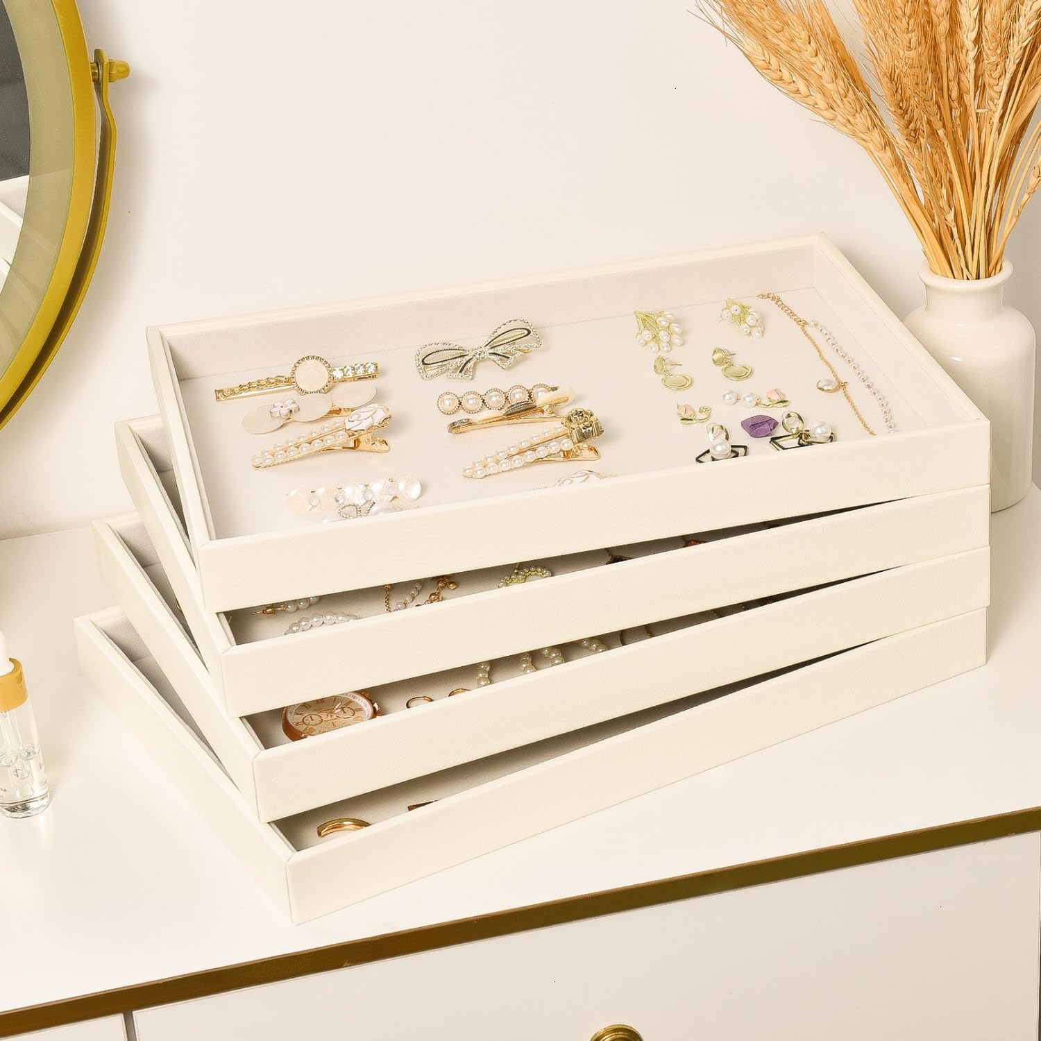 Beige Velvet Jewelry Tray for Drawers Jewelrys Display Tray Stackable Jewelry Organizer Trays for Necklace Bracelet Ring Watch (1 Pack)