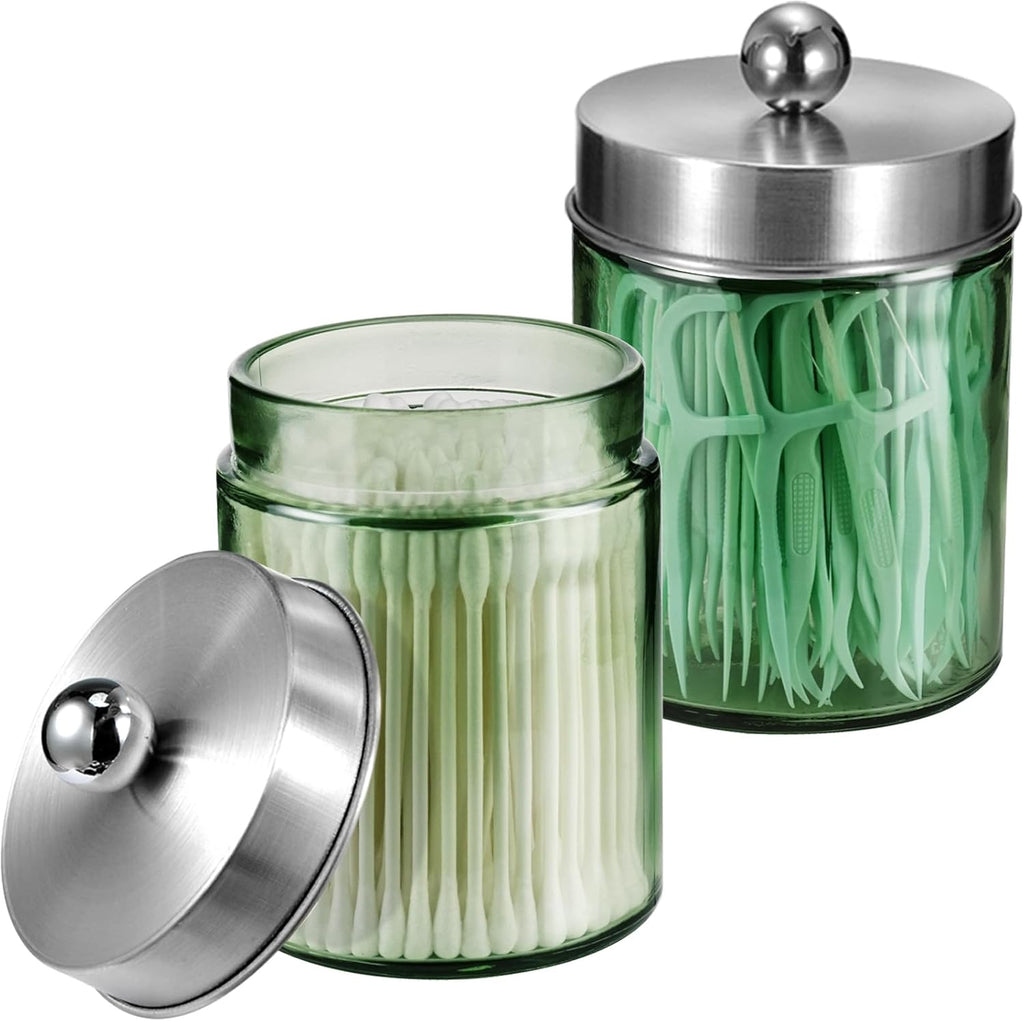 Amolliar Sage Green Qtip Holder, Glass Apothecary Jar Metal Lid & Sticker, Bathroom Qtip Dispenser Storage Canister, Perfect for Cotton Balls, Swabs, Round Pads, Bath Salt, Floss,Brushed Nickel 2 Pack