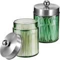 Amolliar Sage Green Qtip Holder, Glass Apothecary Jar Metal Lid & Sticker, Bathroom Qtip Dispenser Storage Canister, Perfect for Cotton Balls, Swabs, Round Pads, Bath Salt, Floss,Brushed Nickel 2 Pack