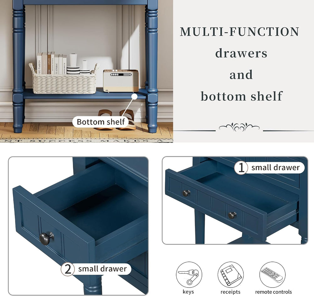 Merax Small Entryway Table with Drawer ans Shelf, Navy | Slim Sofa Table Behi...