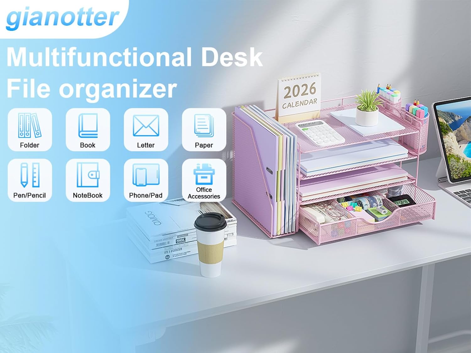 gianotter Desk Organizers and Accessories with File Holder, 4-Tier Desk Accessories & Workspace Organizers with Drawer and 2 Pen Holder, Paper Organizer for Office Supplies (Pink)
