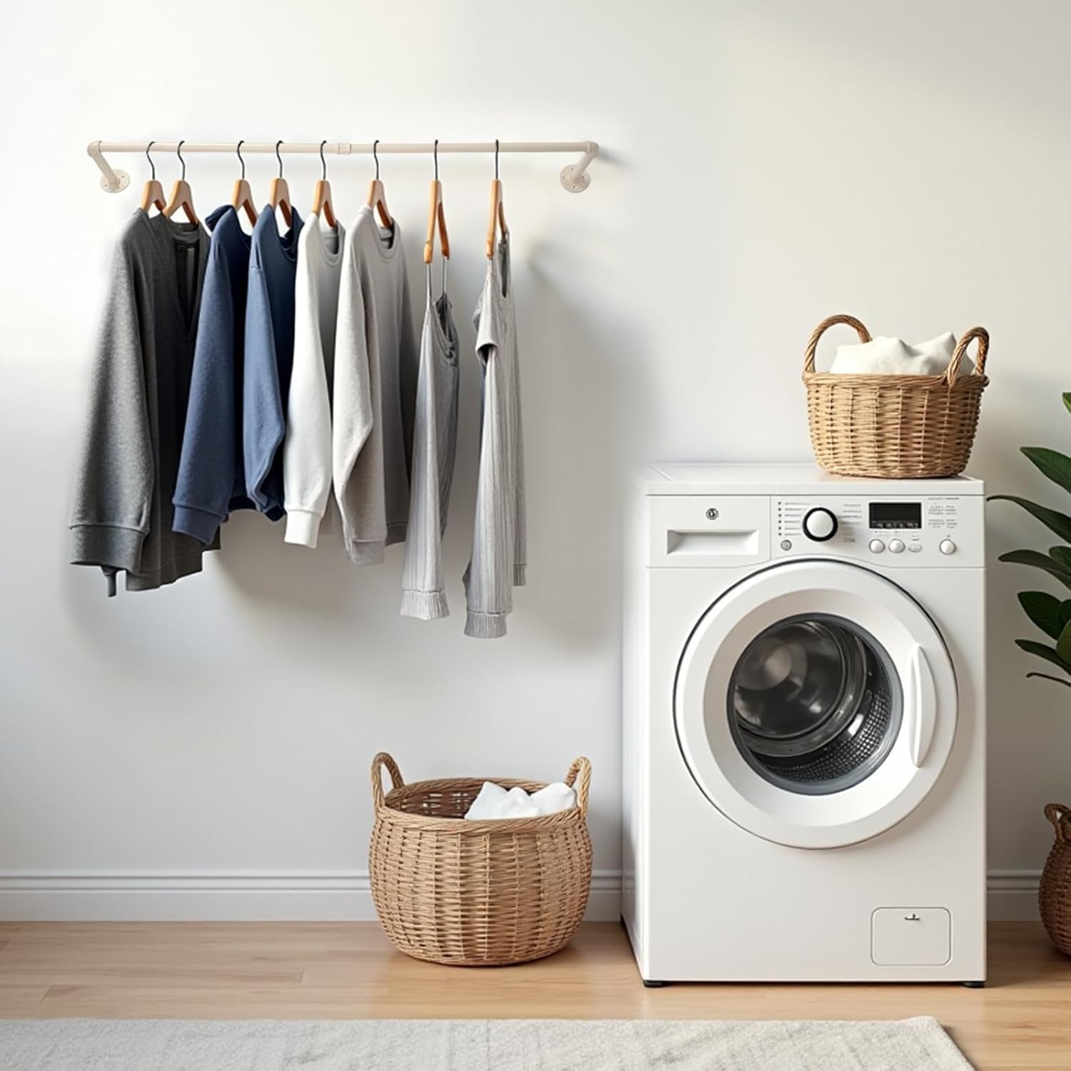 54" White Wall Mounted Clothes Rack, Industrial Pipe Iron Garment Bar, Heavy-Duty Detachable Clothing Rod, Multi-Purpose Metal Wall Display Hanging Pole for Closet Storage, Laundry Room 2 Base