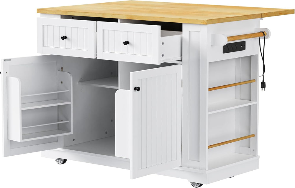 48" Kitchen Island in White with 2 Stools & Power Outlet | Includes ...