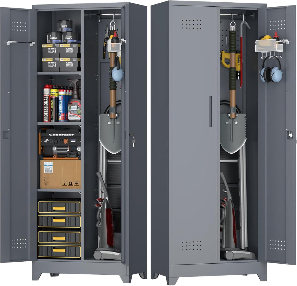 Broom Closet Storage Cabinet, Steel Locking Cabinet with Hanging Rod, 65" Cleaning Storage with Doors and Hooks, Tall Broom Tool Cabinets for Office, Garage