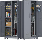 Broom Closet Storage Cabinet, Steel Locking Cabinet with Hanging Rod, 65" Cleaning Storage with Doors and Hooks, Tall Broom Tool Cabinets for Office, Garage