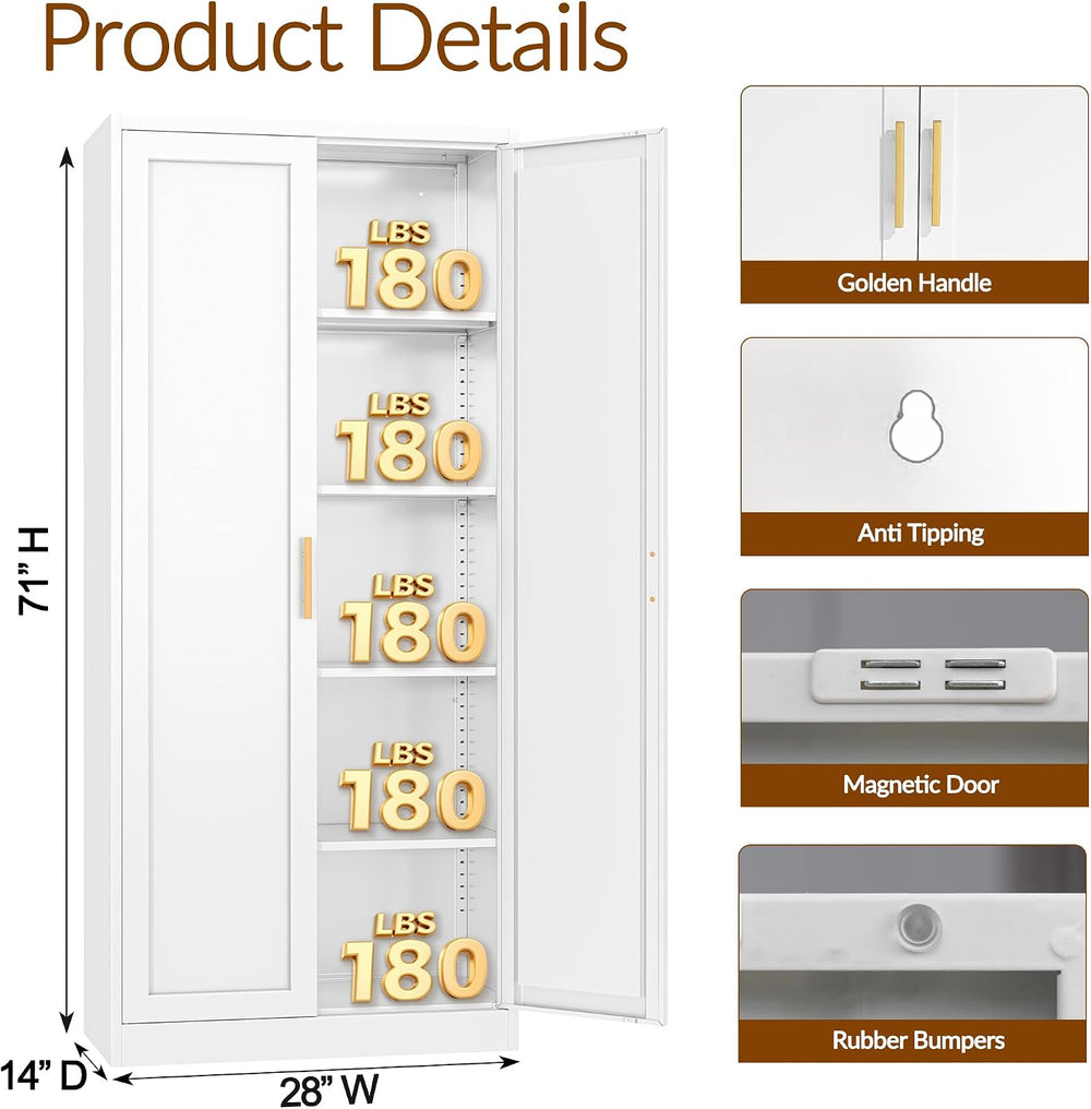 CJF White Kitchen Pantry Cabinet,71 Inch Tall Metal Storage Cabinet with 4 Ad...