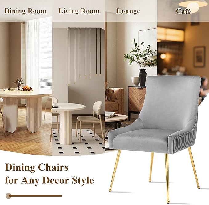 Velvet Dining Chairs Set of 4, Modern Upholstered Kitchen Chair with Pull Handle & Pleated Back, Mid Century Accent Chair with Gold Metal Legs for Vanity,Dining,Kitchen,Living Room, Grey