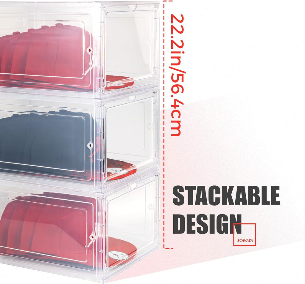 6 Pack Hat Organizer Box, Stackable Clear Baseball Caps Holder Box Containers with Magnetic Door for Hats Snapback Cap Storag, Hat Rack Display Case, Holds 8 Hats Each (Clear)