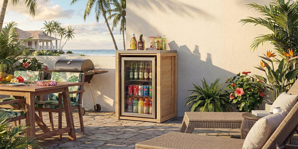 MOUMON Outdoor Kitchen Mini Fridge Cabinet with Stainless Steel Countertop