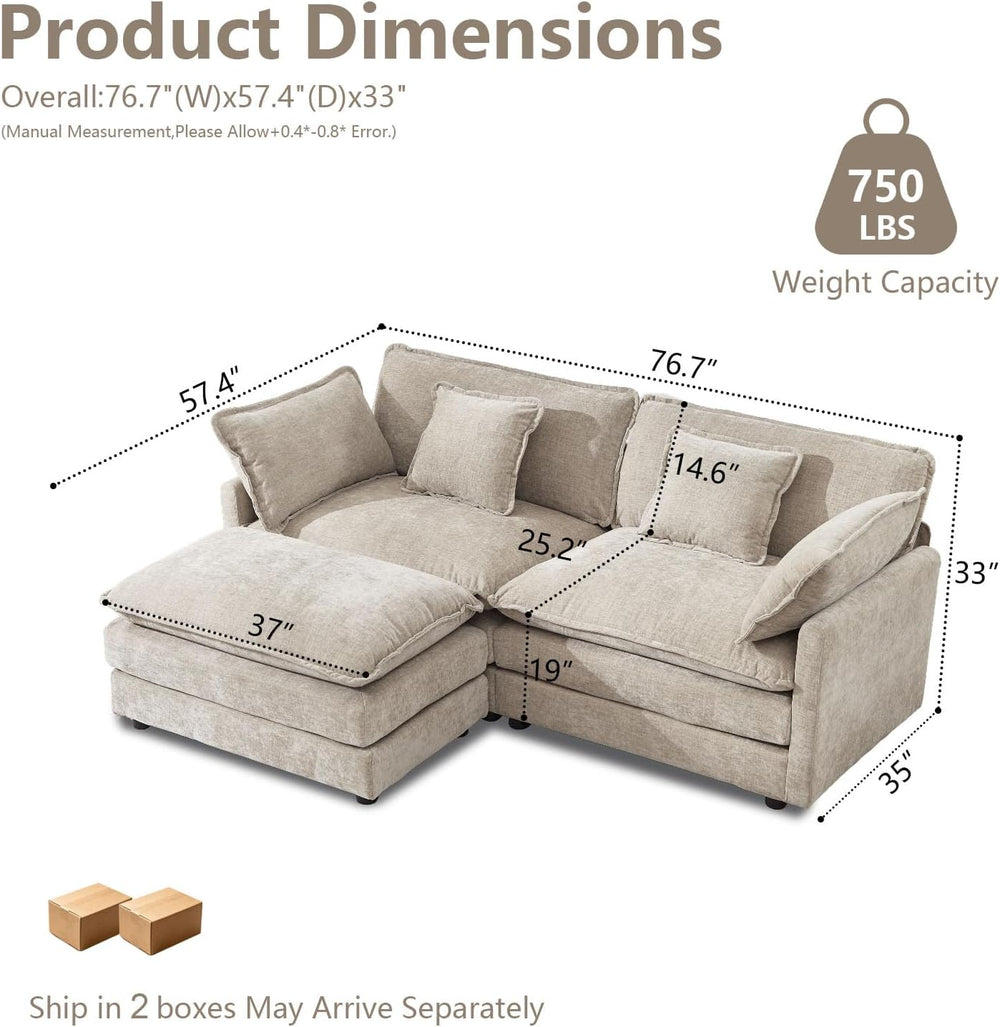 GNIXUU 76.7" Camel Small L Shaped Cloud Couch Loveseat Sofa with Ottoman...