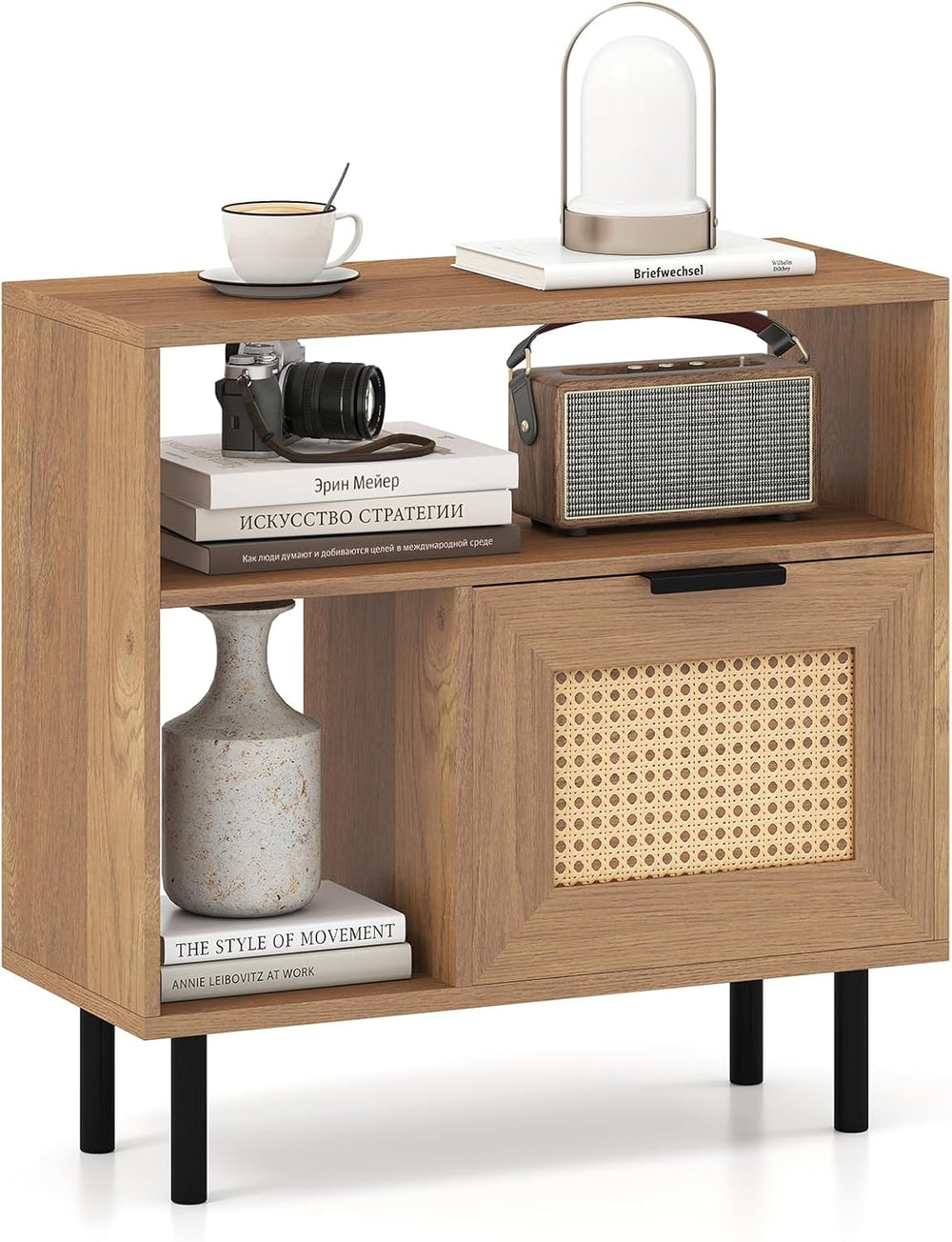 Giantex Rattan End Table with Cabinet, Boho Nightstand with Storage Shelves, ...