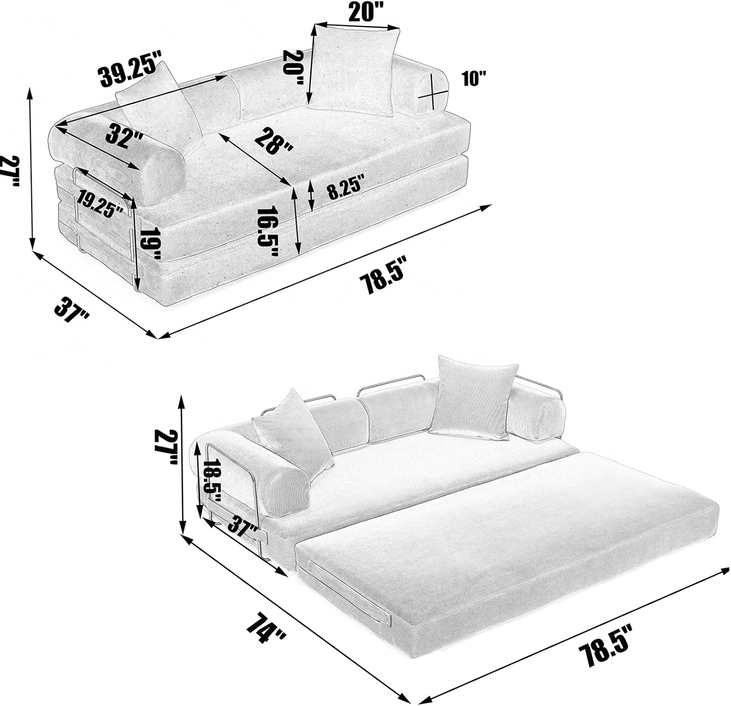 Convertible Folding Sofa Bed, Modular Floor Sofa with Removable Backrest, 3-Seater Fold Out Couch Bed with Pillows, King Size Futon Lazy Couch Corduroy Sleeper for Living Room, Dorm, Dark Blue