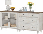 WAMPAT TV Stand for 75 Inch TV, Wood TV Cabinet Entertainment Center Television Stands for Living Room, 2-in-1 Sideboard Buffet Cabinet with Glass Door & Drawer for Kitchen, Rustic White