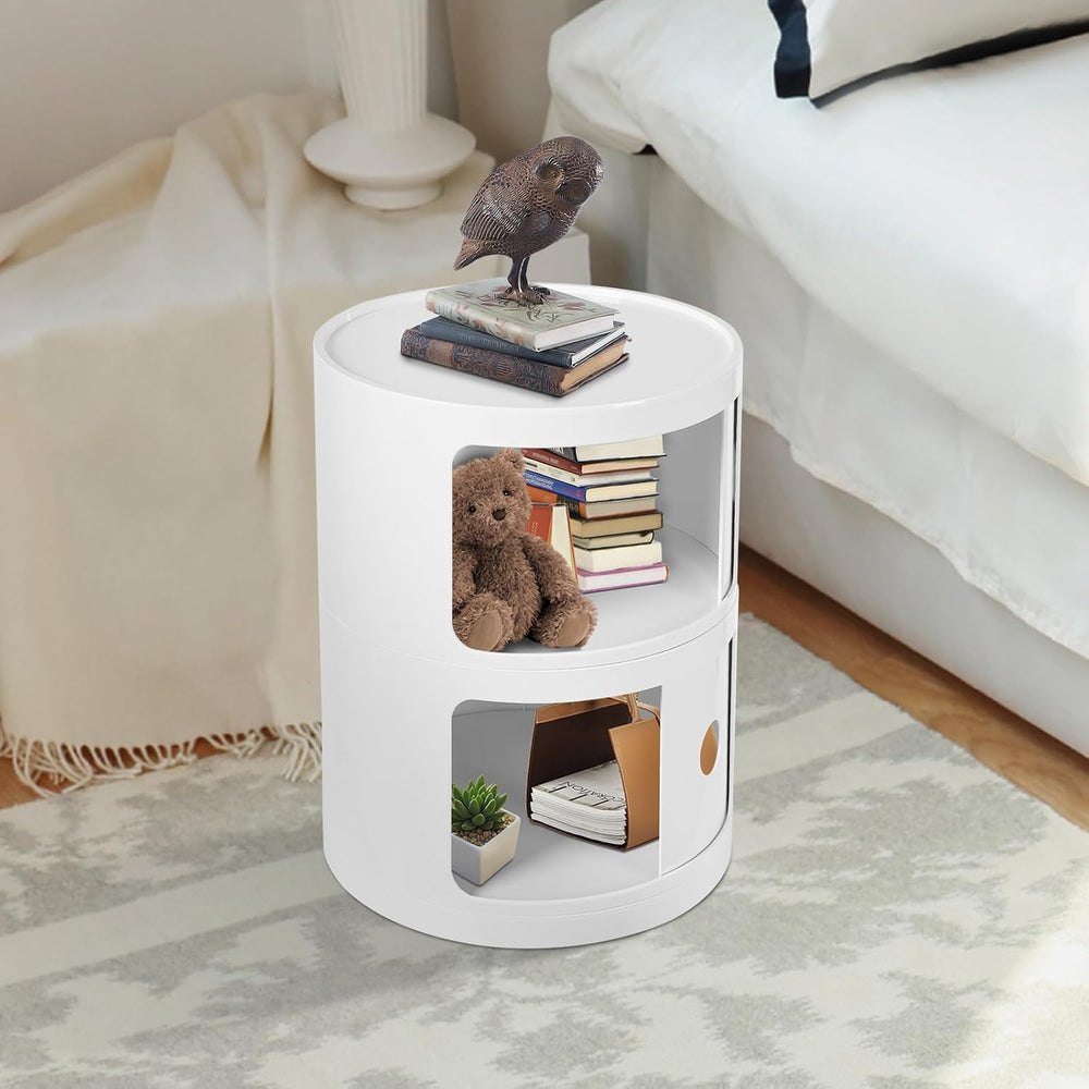 2-Tier Circular Nightstand, Round Nightstand, Circular Side Table with Drawer...