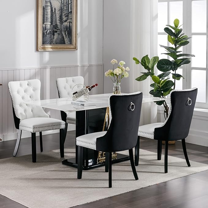 Modern Dining Chairs Set of 8, Tufted Upholstered Dining Chair with Solid Wood Legs, Velvet and Leather Dining Chairs, Sillas de Comedor, Comfy Kitchen Chair (White+Black, 8Pcs)
