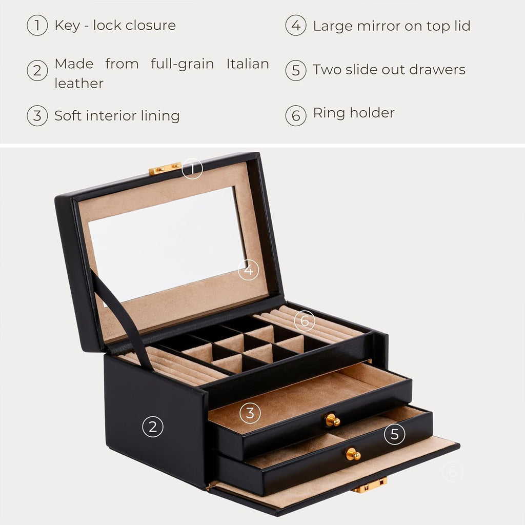 Time Resistance Jewelry Box - Full Grain Leather Jewellery Organizer - Accessories Storage Key Lock - Jewellery Box (Black)