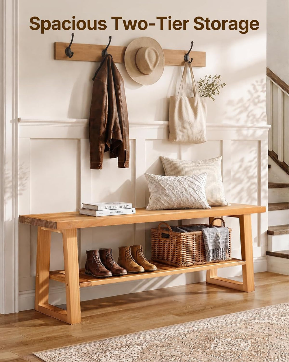 Amada 43 Inch Solid Pine Wood Bench, Entryway Bench with Shoe Storage Shelf, ...