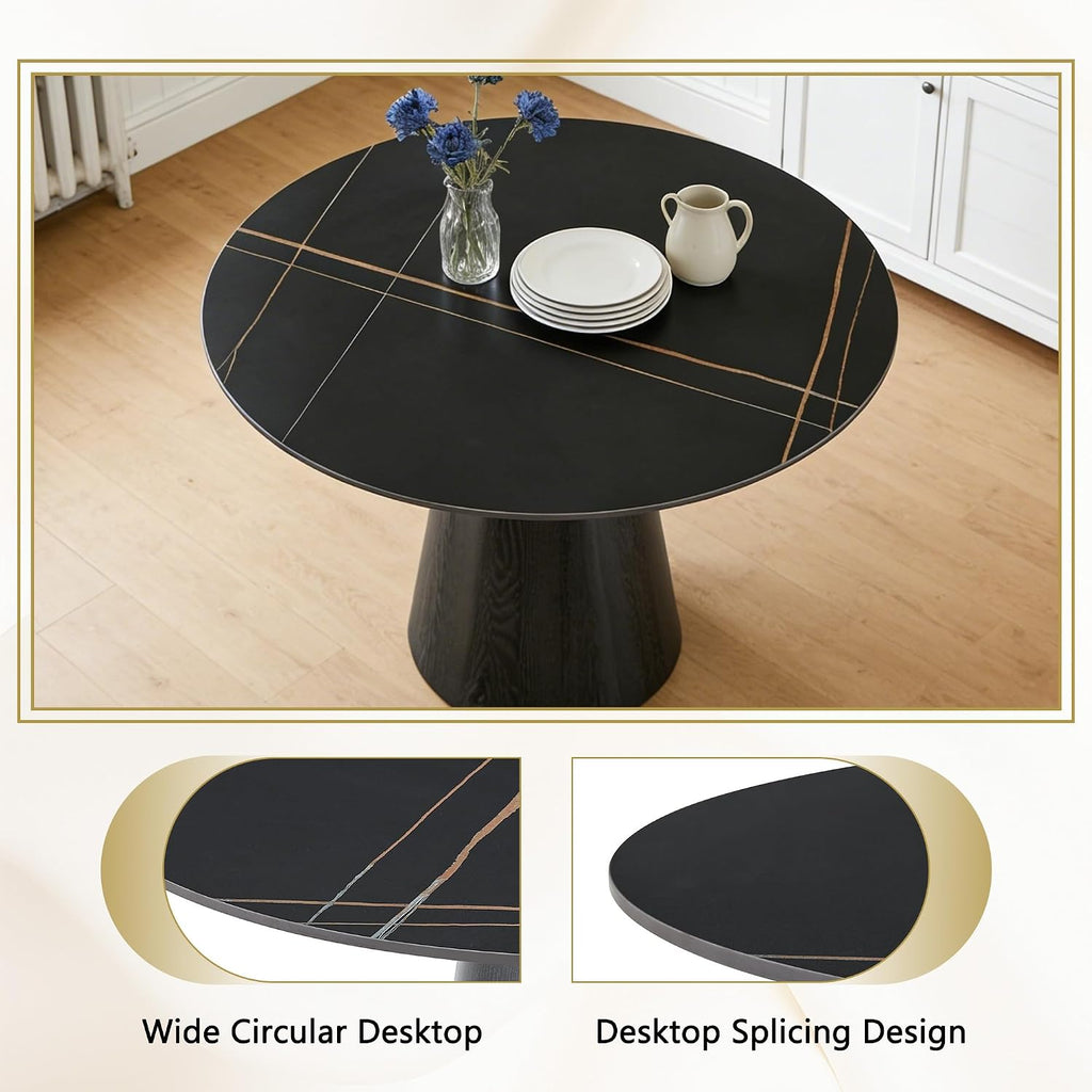 Faux Marble Round Dining Table for 4-6, 42" Modern Round Kitchen Table with Sintered Stone Top and Wood Stable Pedestal for Apartment,Restaurant,Small Space (Black