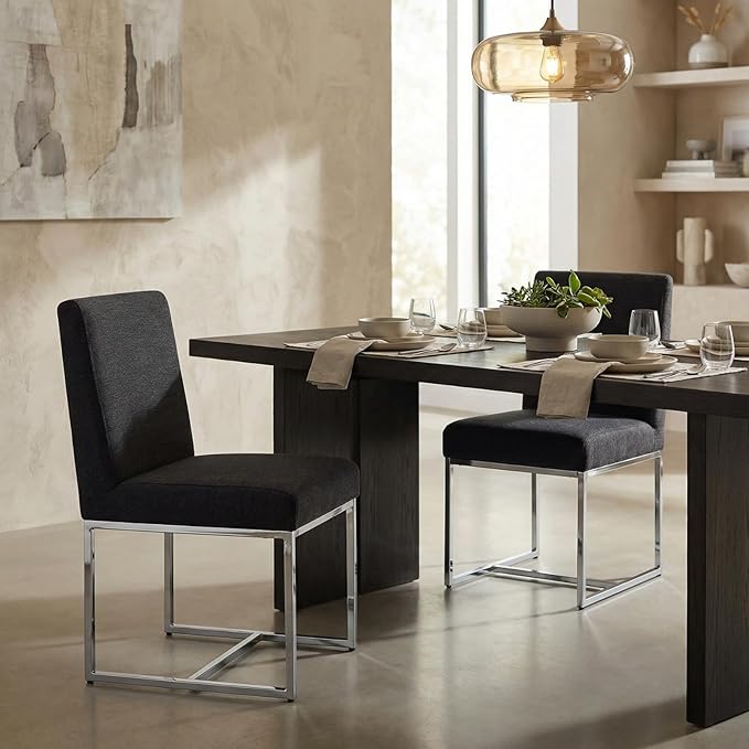 CIMOTA Black Modern Dining Chairs Set of 2, Upholstered Dining Room Chairs Armless Guest Side Chair with Chrome Base for Dining Room/Kitchen, Charcoal Black, 2PCS
