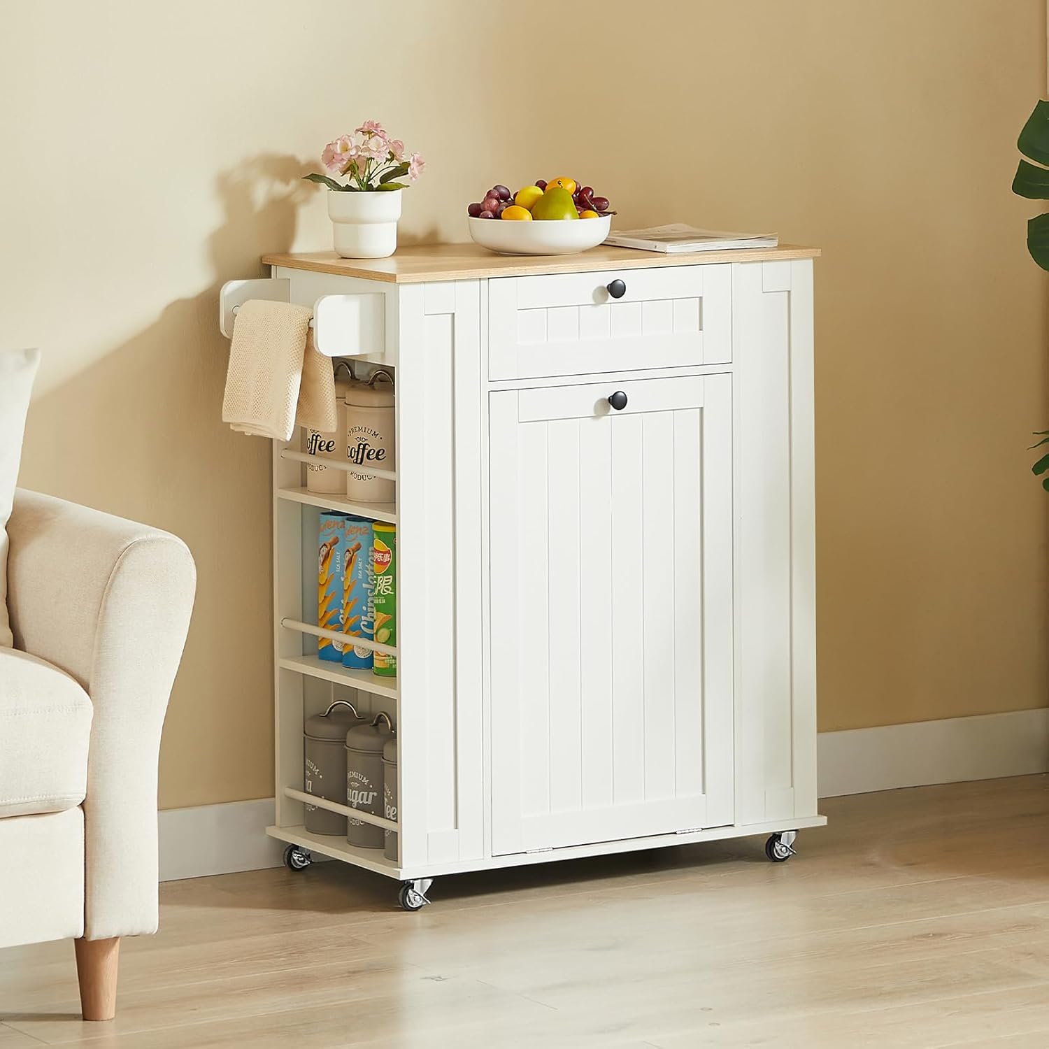 ONBRILL 35" Kitchen Island with Trash Can Cabinet & Power Outlet, Rolling Kitchen Cart with Storage Drawer, 6-Tier Spice Rack, Portable Sideboard Table for Dining Room, Living Room, White